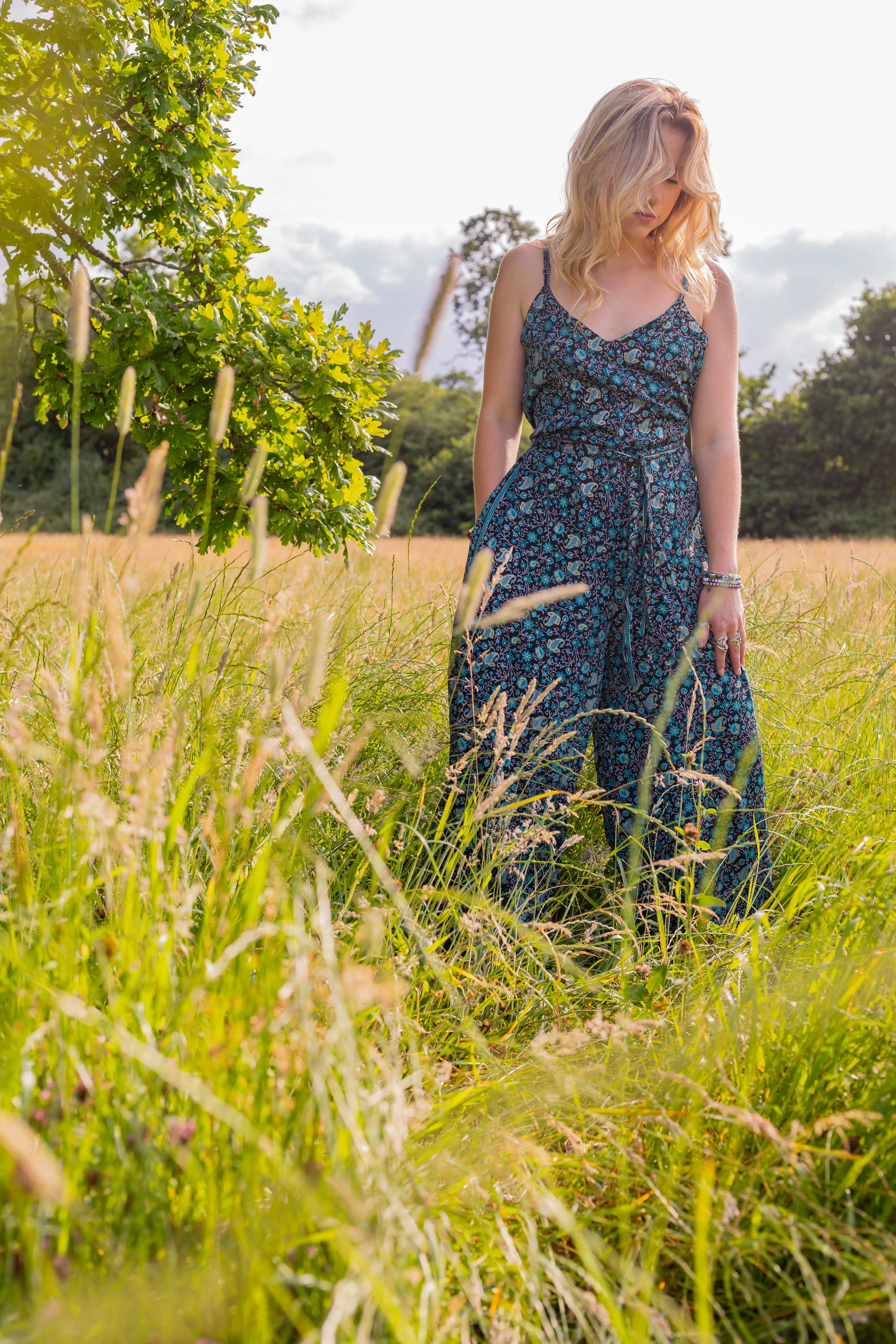 Selene Wide Leg Jumpsuit | Blue Noir Garden